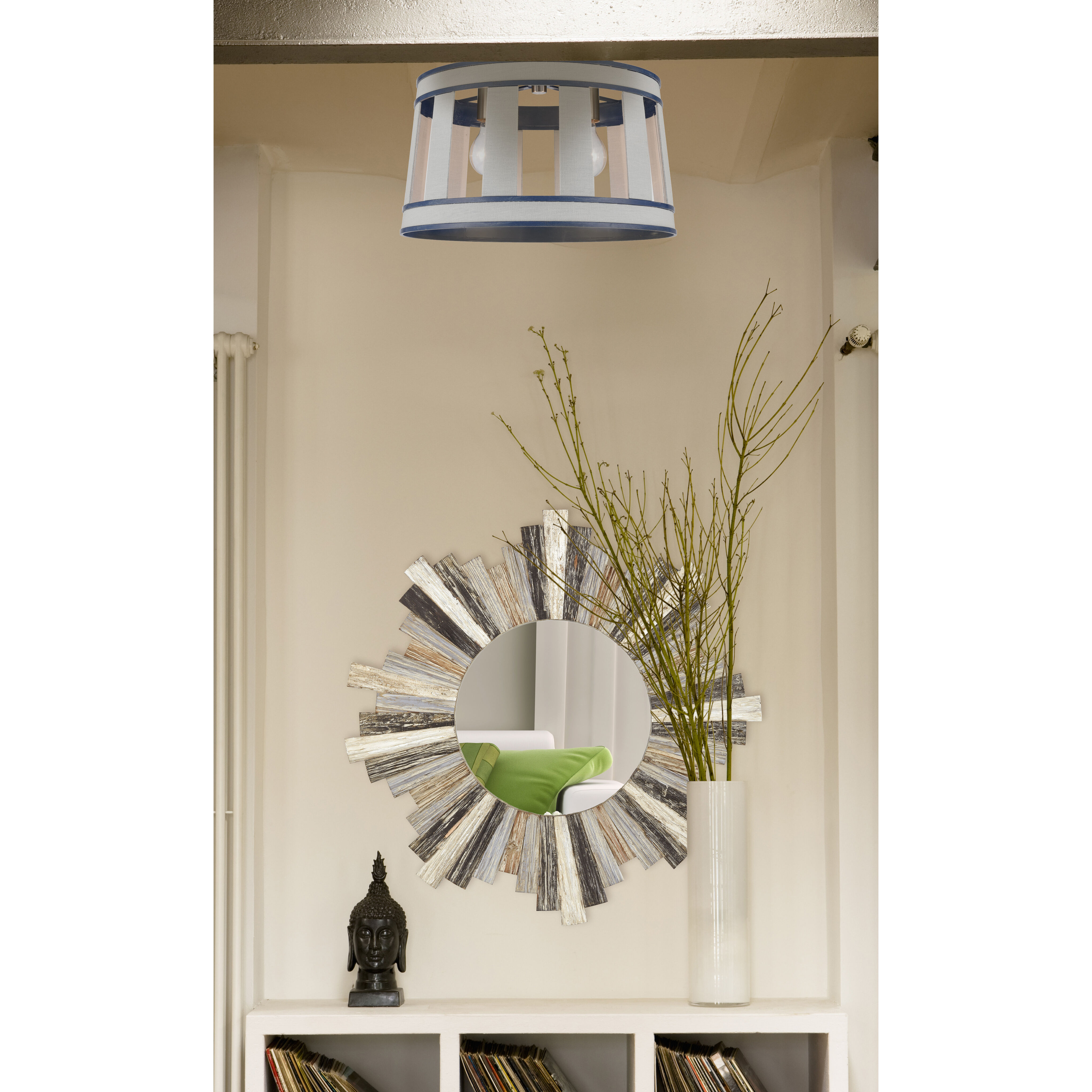 White Burlap 2 Light 14 inch White with Blue and Satin Nickel Semi Flush Mount Ceiling Light