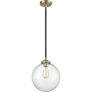 Nouveau X-Large Beacon 1 Light 10 inch Black Antique Brass Mini Pendant Ceiling Light in Seedy Glass, Nouveau