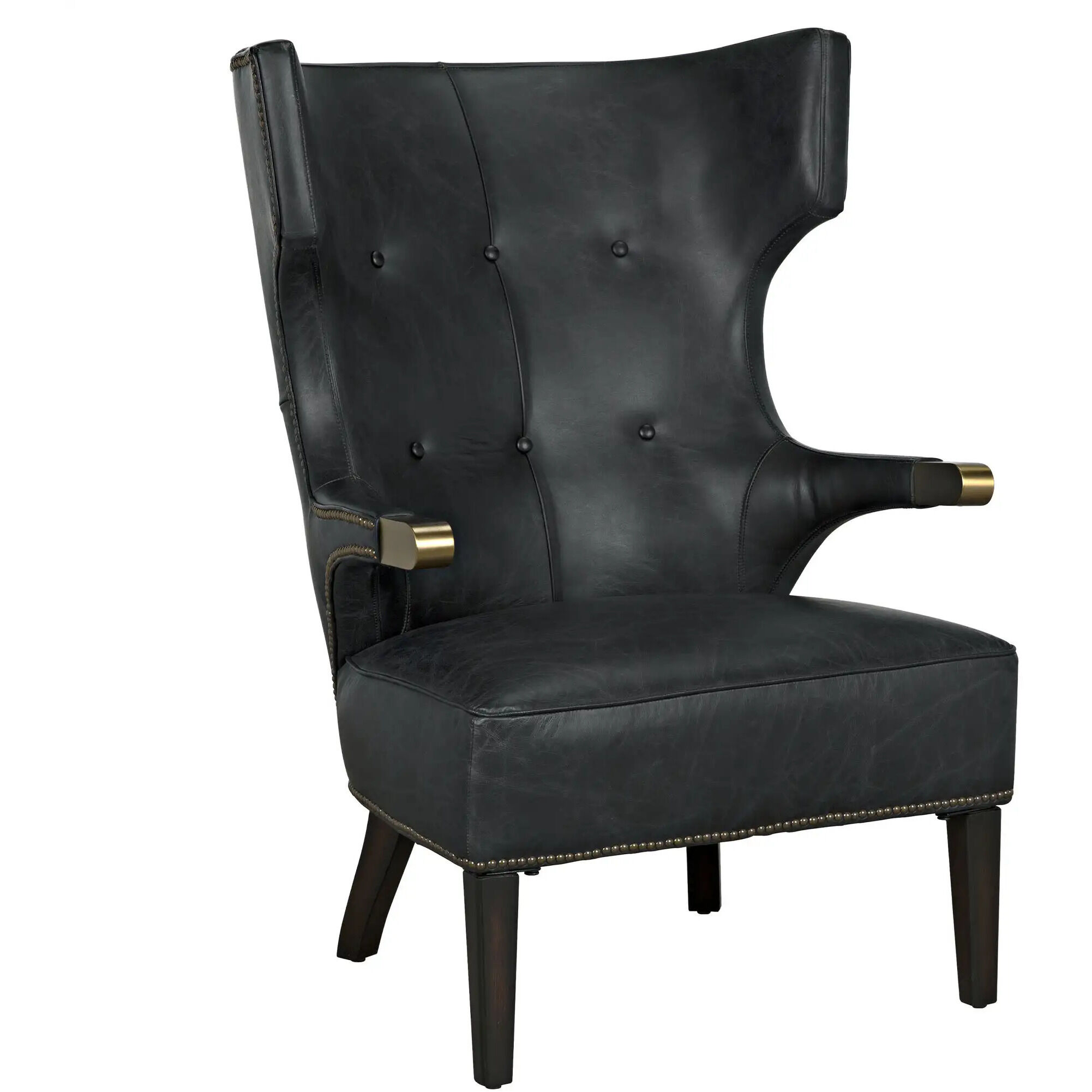 Heracles Black Leather, Antique Brass and Dark Walnut Occasional Chair