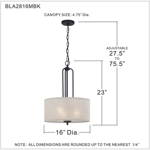 Blanche 3 Light 16 inch Matte Black Pendant Ceiling Light