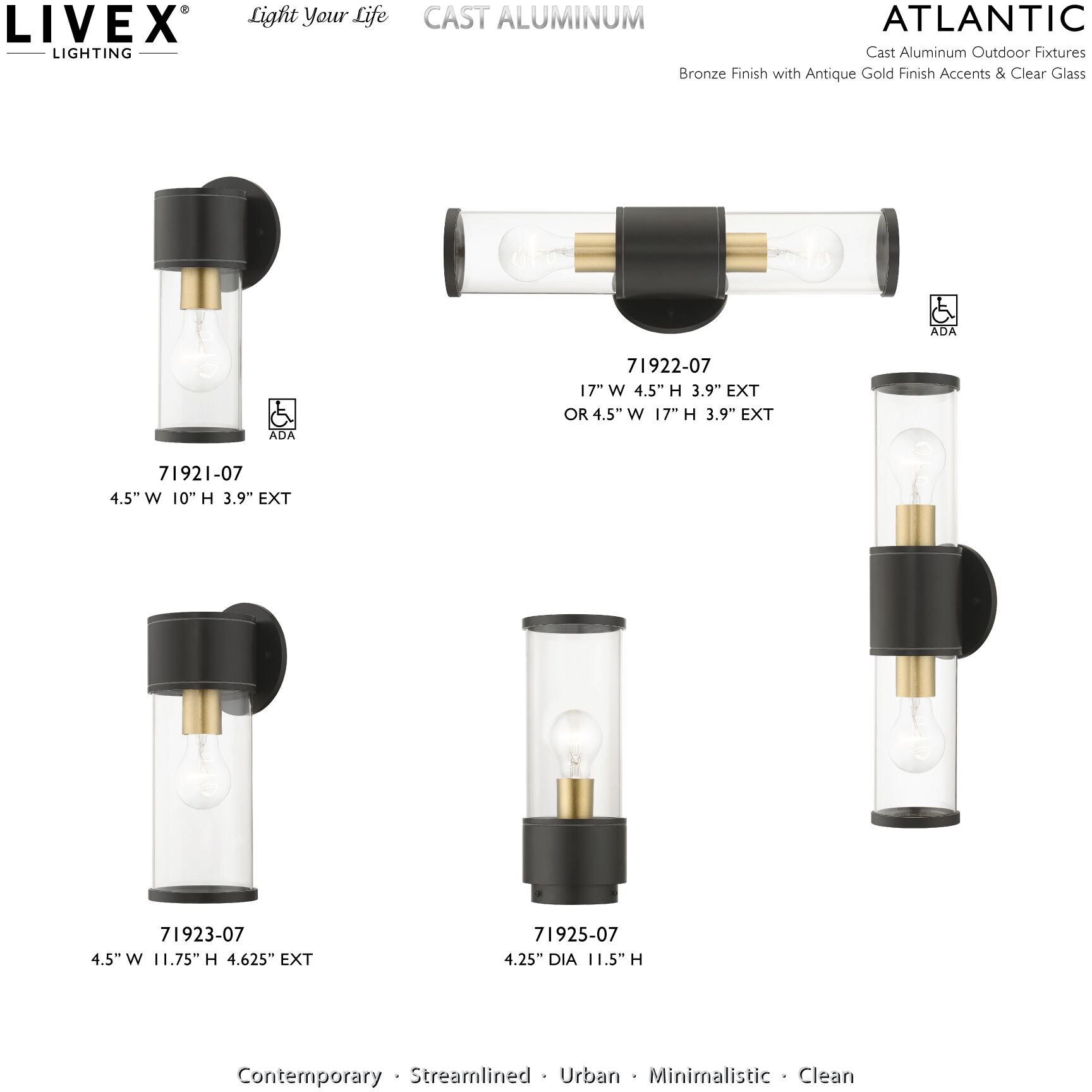 Atlantic 1 Light 4.5 inch Bronze with Antique Gold Finish Accents ADA Outdoor Small ADA Wall Lantern Wall Light