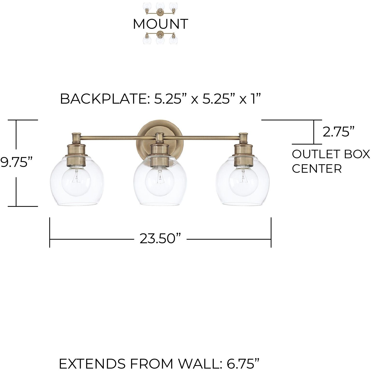 Mid Century 3 Light 23.5 inch Aged Brass Vanity Light Wall Light