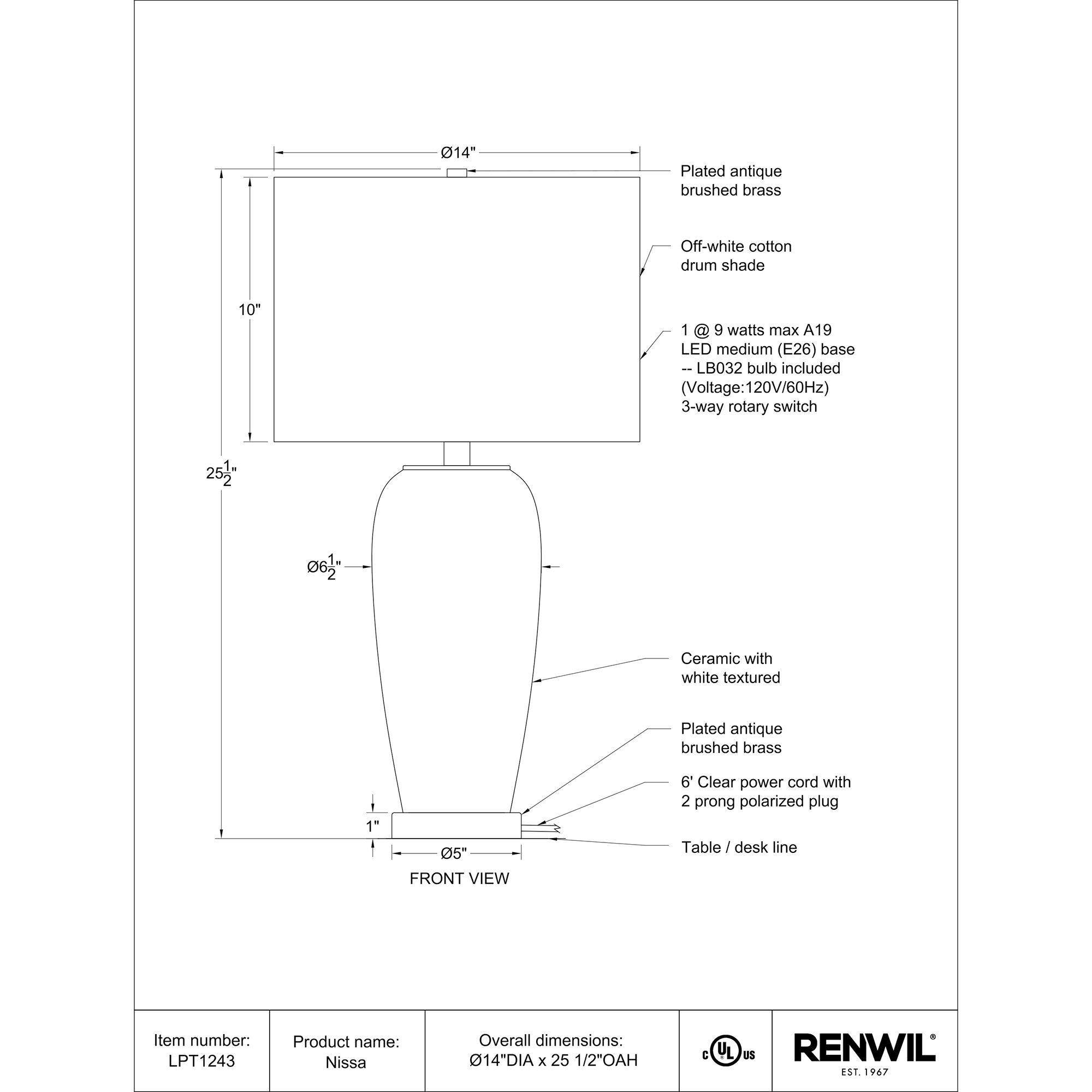 Nissa 25.5 inch 100 watt White and Antique Brass Table Lamp Portable Light