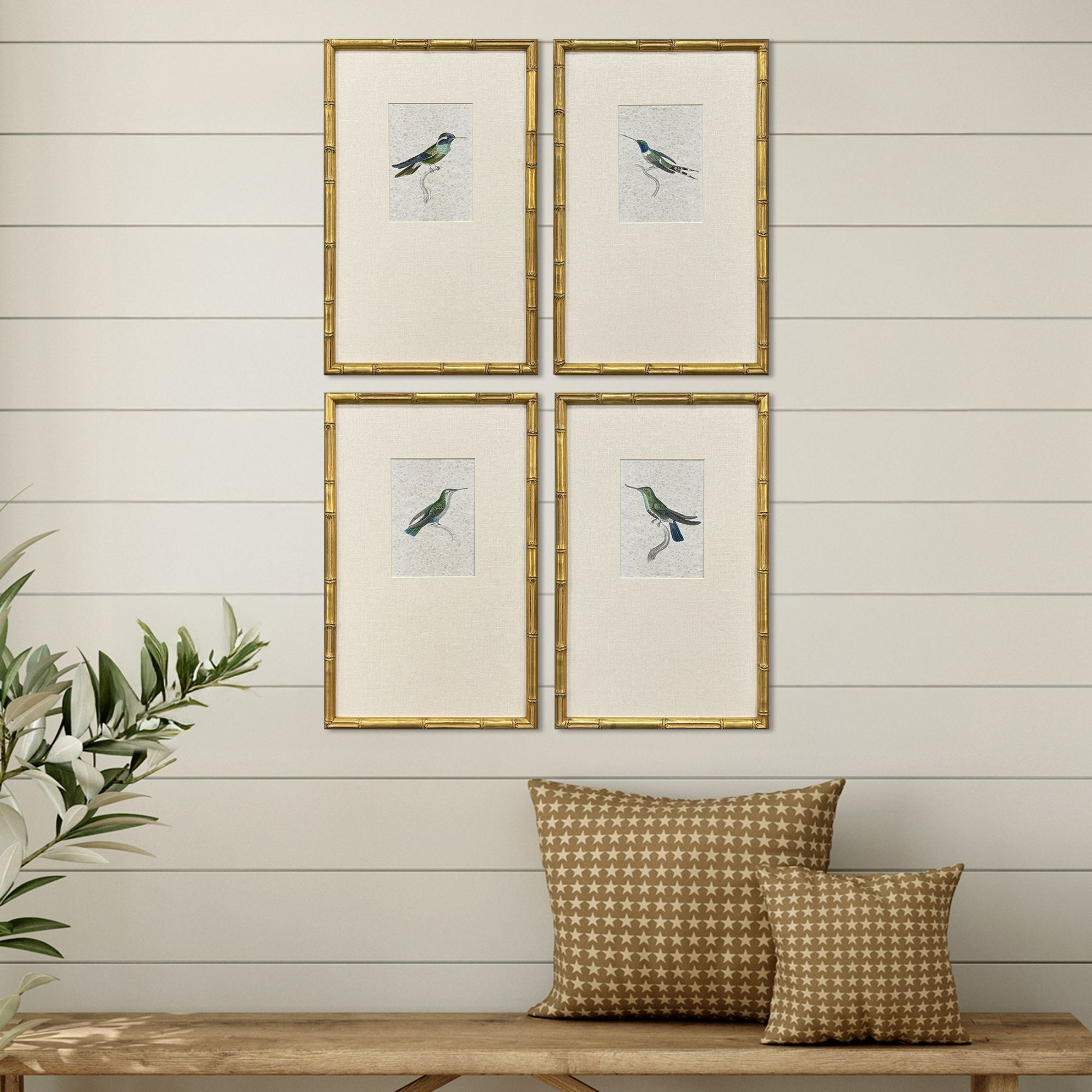 Antique Hummingbirds Green and Blue and Beige Framed Art