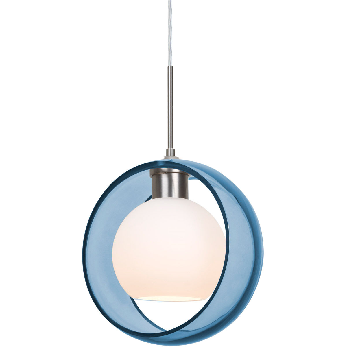 Mana 1 Light Satin Nickel Cord Pendant Ceiling Light in Incandescent, Transparent Blue with Opal Glass