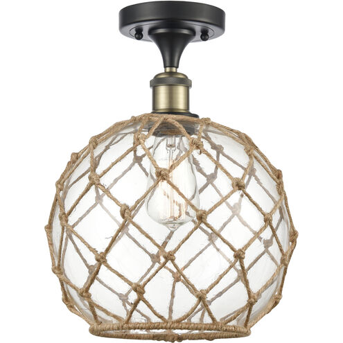Ballston Large Farmhouse Rope LED 10 inch Black Antique Brass Semi-Flush Mount Ceiling Light in Clear Glass with Brown Rope, Ballston