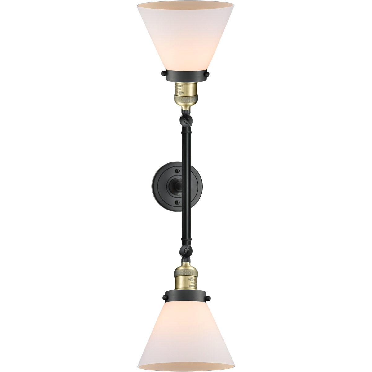 Franklin Restoration Large Cone 2 Light 18 inch Black Antique Brass Bath Vanity Light Wall Light in Matte White Glass, Franklin Restoration
