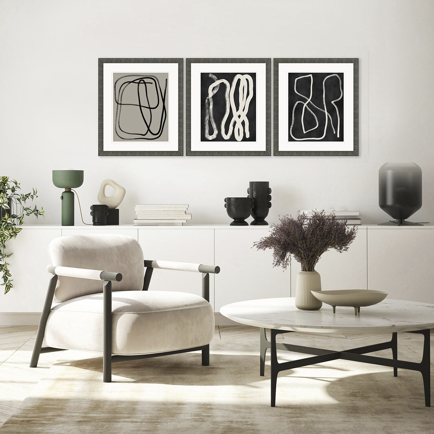 Naive Lines Black and Beige and Neutral and White Framed Art