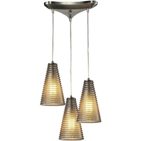 Ribbed Glass 3 Light 10 inch Satin Nickel Mini Pendant Ceiling Light, Triangular