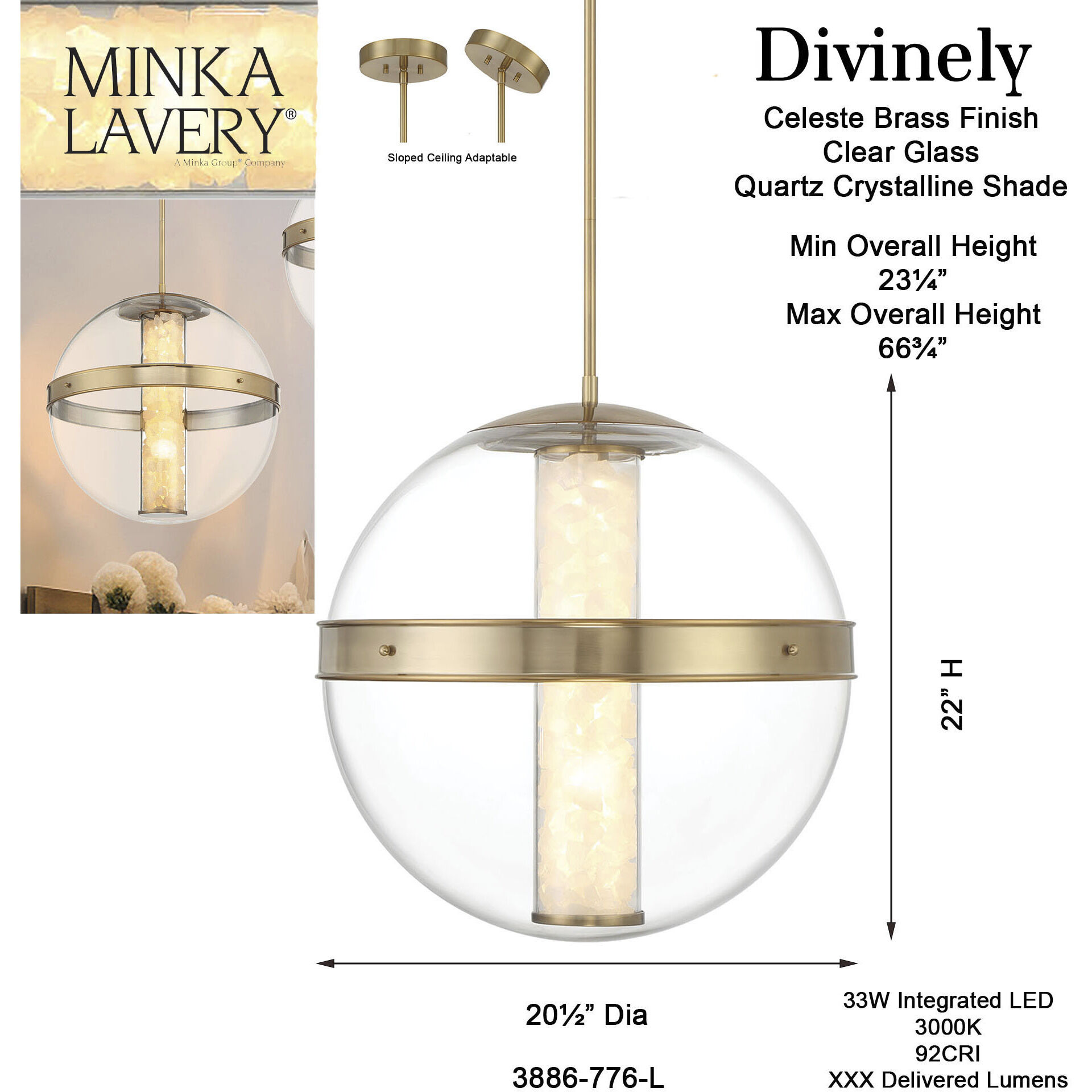 Divinely LED 20.5 inch Celeste Brass Pendant Ceiling Light
