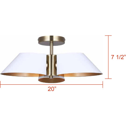 Daxton 3 Light 20 inch Matte White and Gold Semi-Flush Mount Ceiling Light