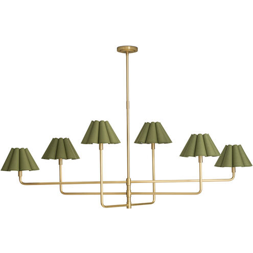 Polly 6 Light 66 inch Natural Brass Chandelier Ceiling Light in Green Scalloped Shade
