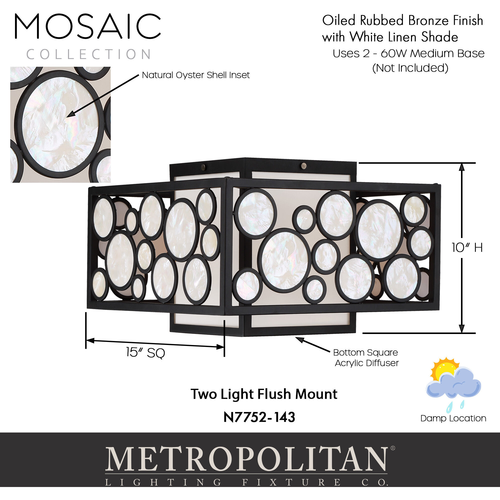Mosaic 2 Light 15 inch Oil Rubbed Bronze Flush Mount Ceiling Light