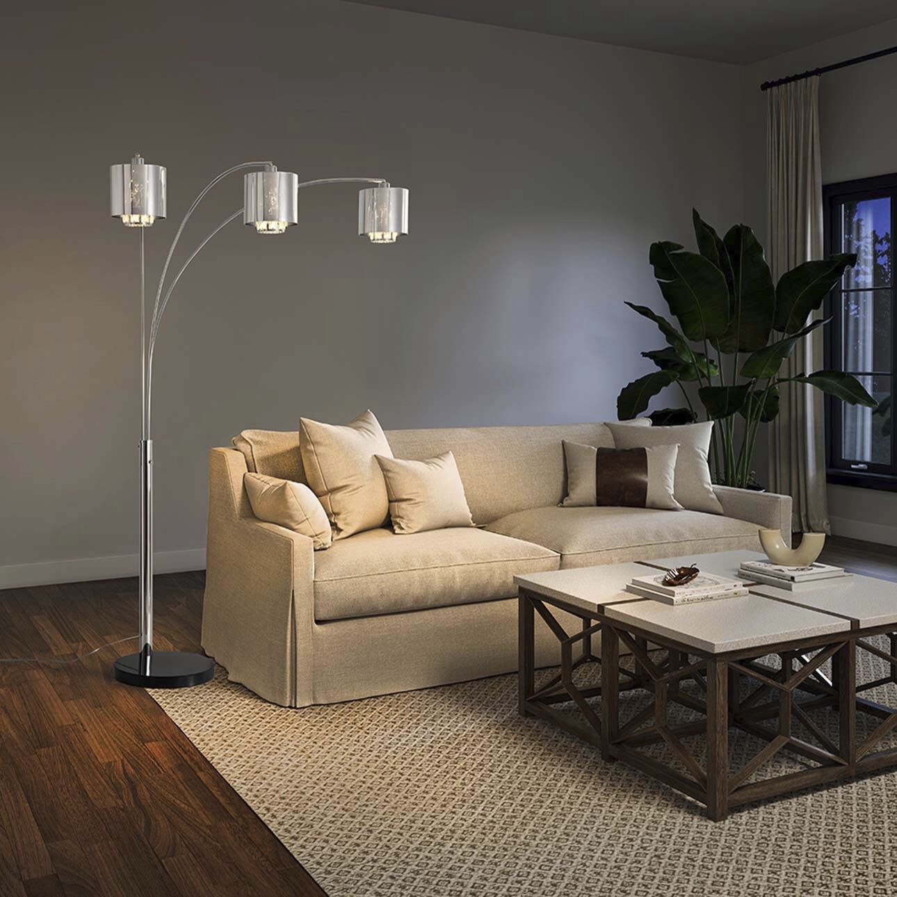 Nova of California Marilyn 90 3 Light Arc Lamp in Polished Chrome and Mylar Crystal Shades with Rotary Switch 3 Light