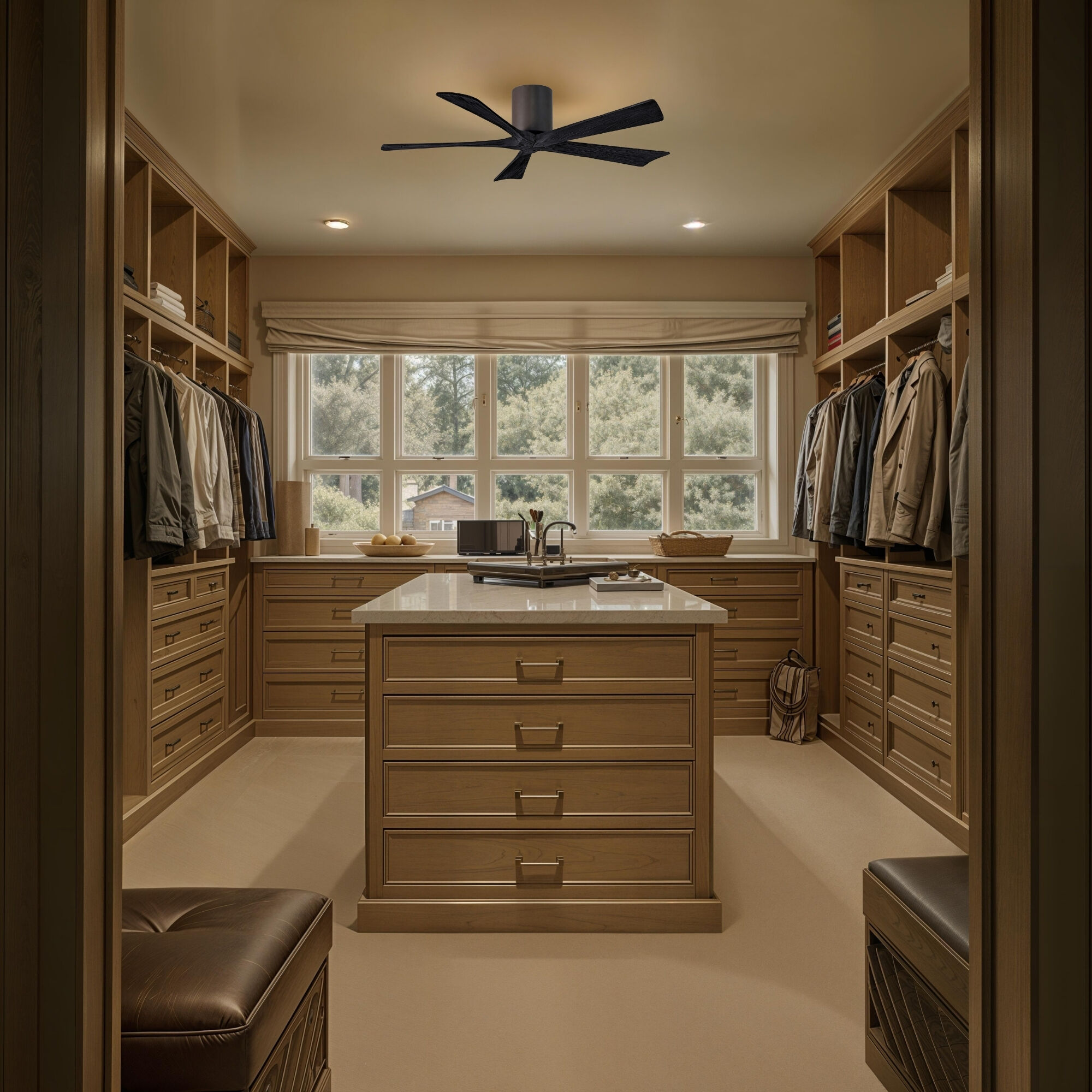 Atlas Irene-5H 52 inch Textured Bronze with Matte Black Blades Flush Mount Paddle Fan, Flush Mounted