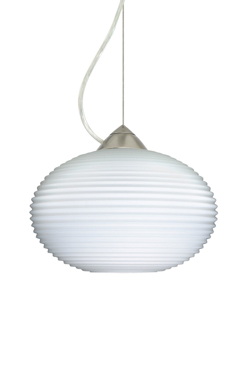 Pape 1 Light Satin Nickel Pendant Ceiling Light in Opal Ribbed Glass, Incandescent