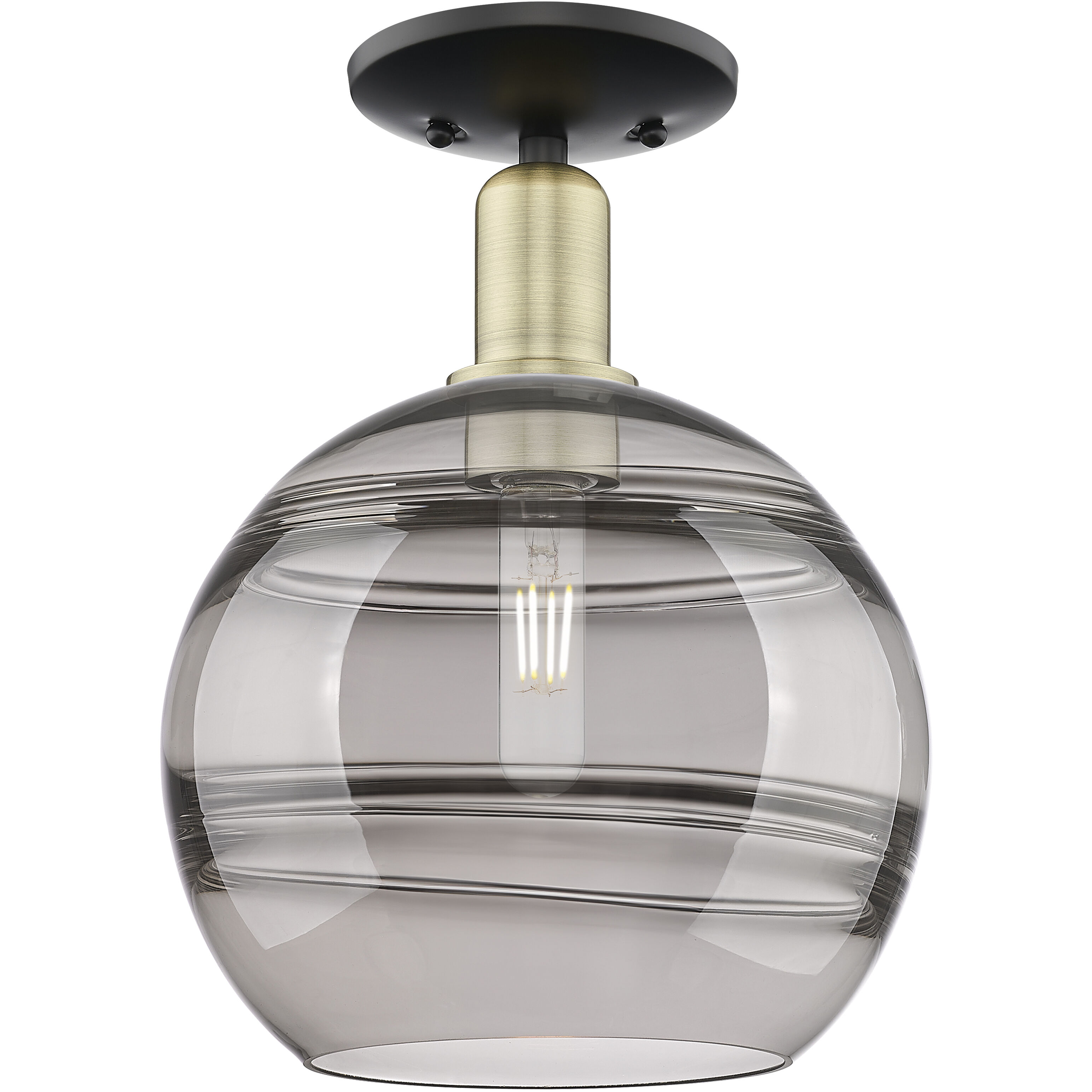 Arcadia Rochester 1 Light 10 inch Black Antique Brass Semi-Flush Mount Ceiling Light in Light Smoke Glass