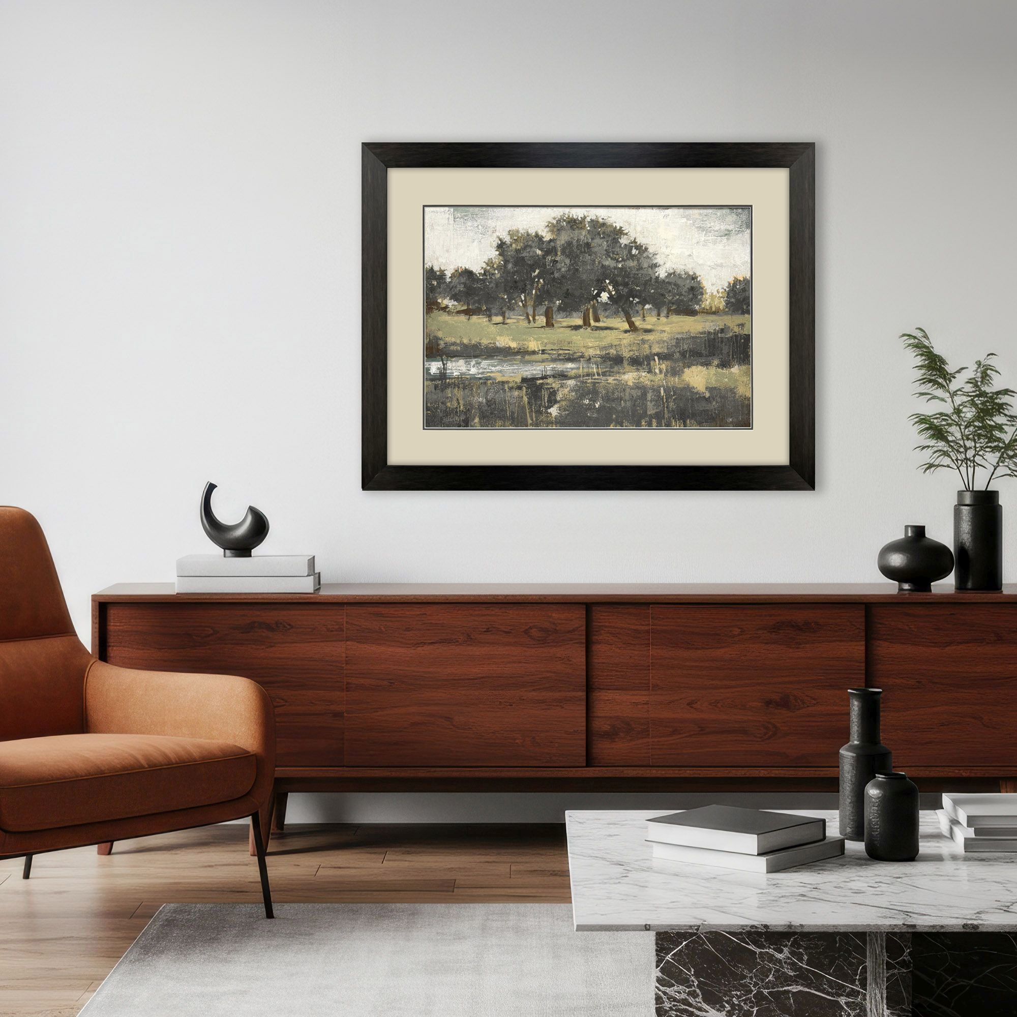 Far Away Landscape Gray and Brown and Multi and Neutral Framed Art
