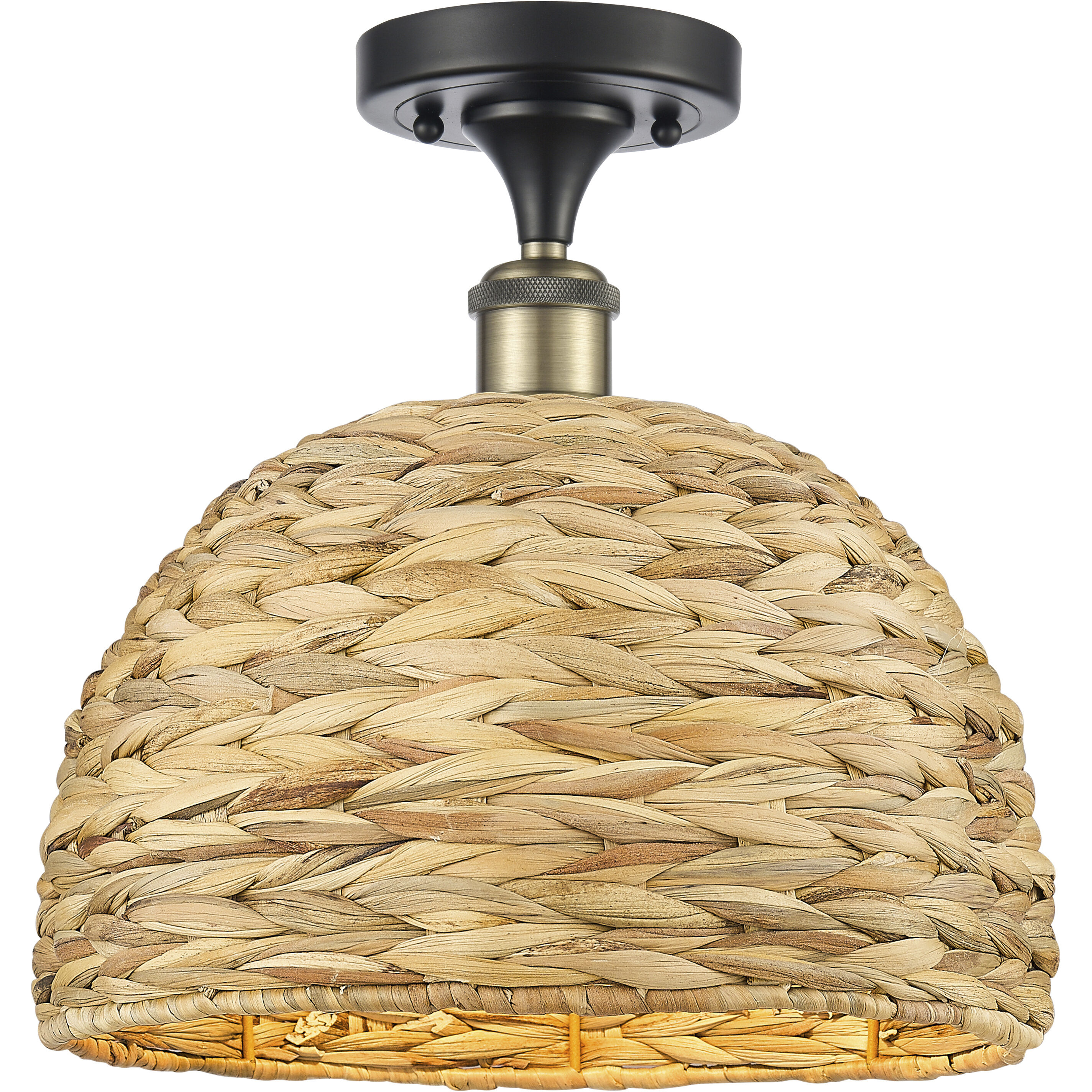 Woven Rattan 1 Light 12 inch Black Antique Brass Semi-Flush Mount Ceiling Light