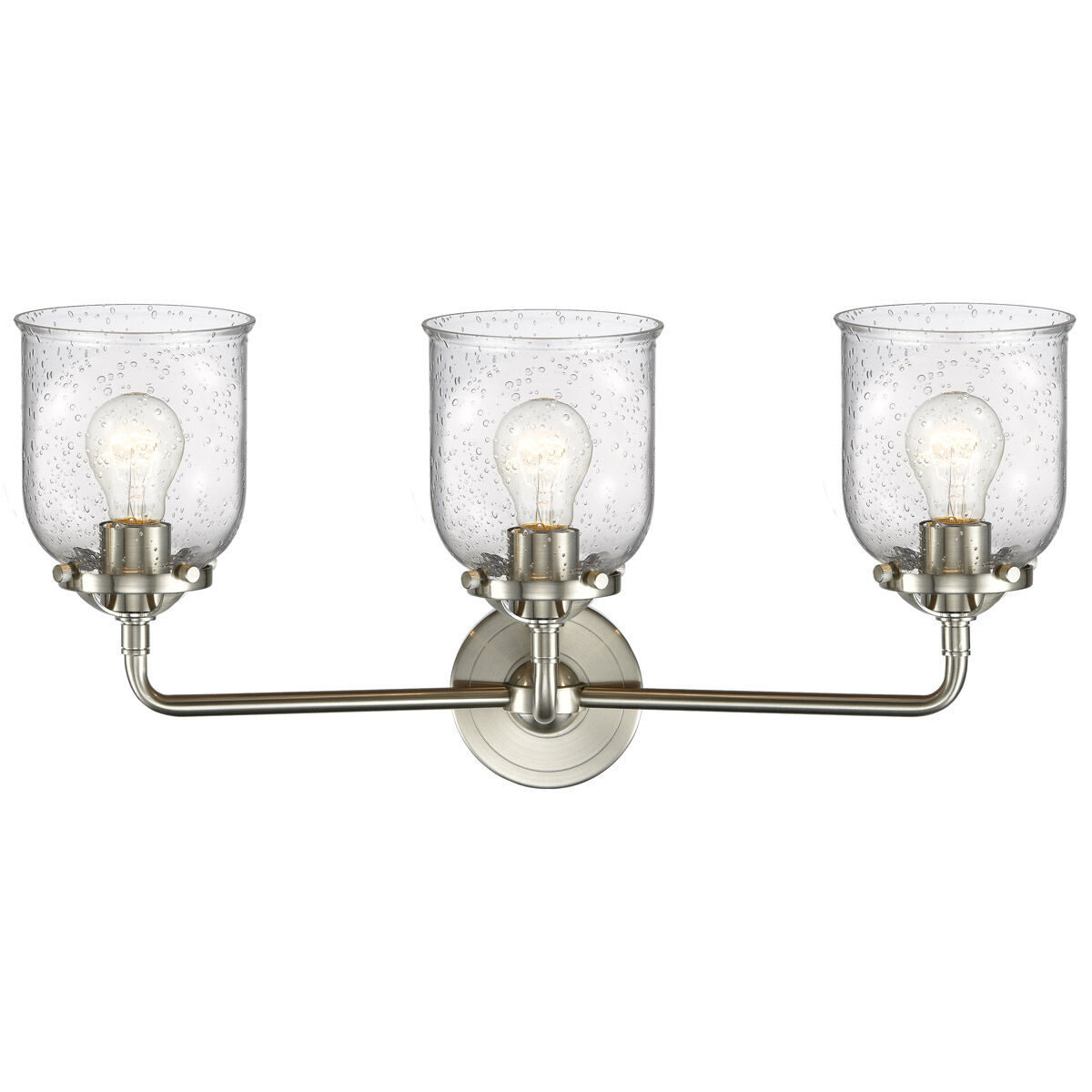 Nouveau Small Bell 3 Light 23 inch Brushed Satin Nickel Bath Vanity Light Wall Light in Seedy Glass, Nouveau