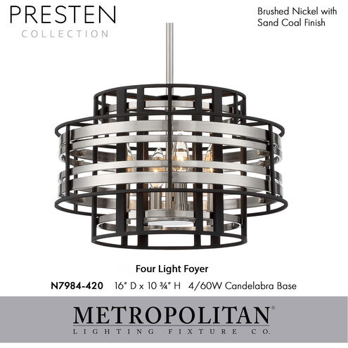 Presten 4 Light 16 inch Brushed Nickel with Sand Coal Foyer Ceiling Light