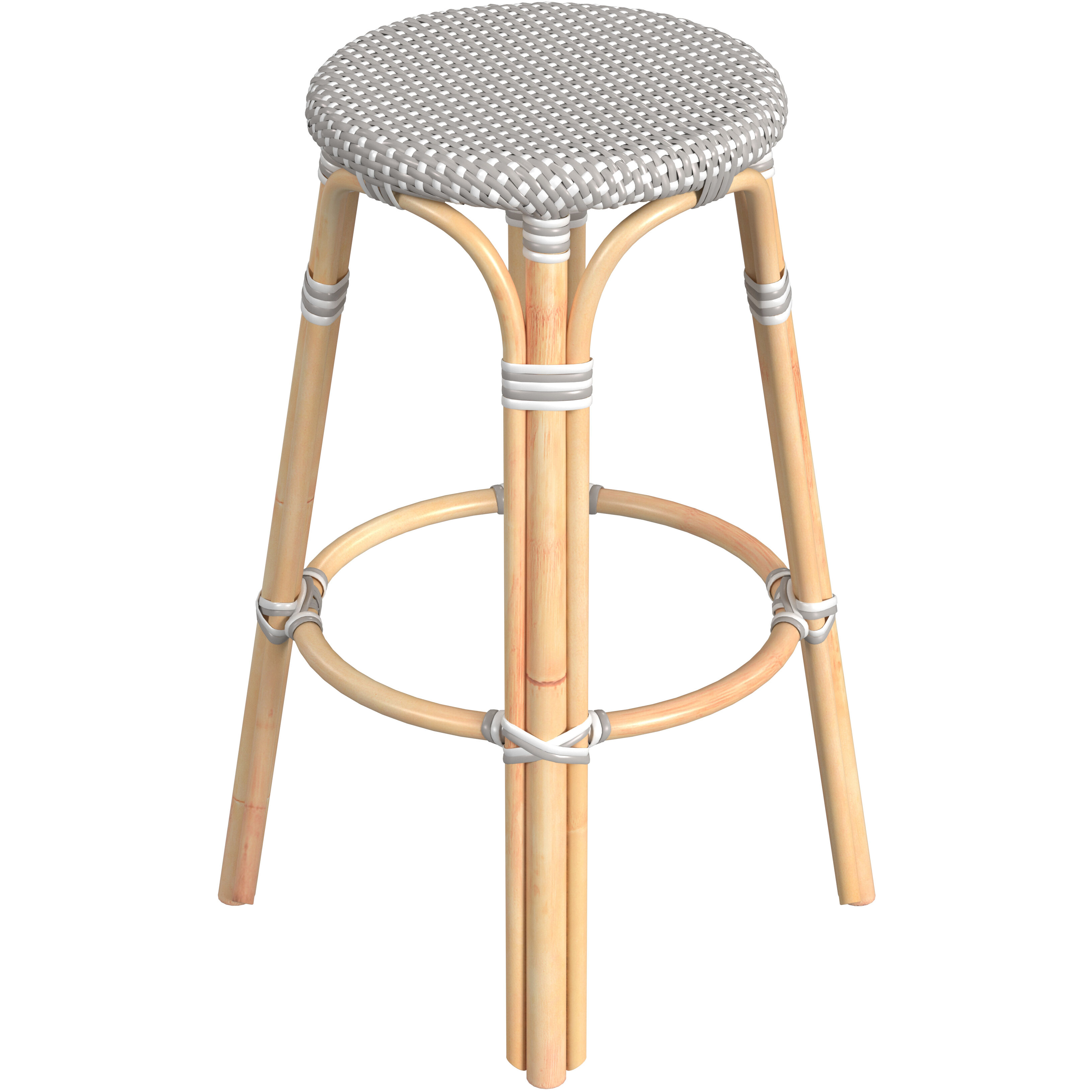 Tobias Round Rattan 30" Bar Stool in Gray and White Dot