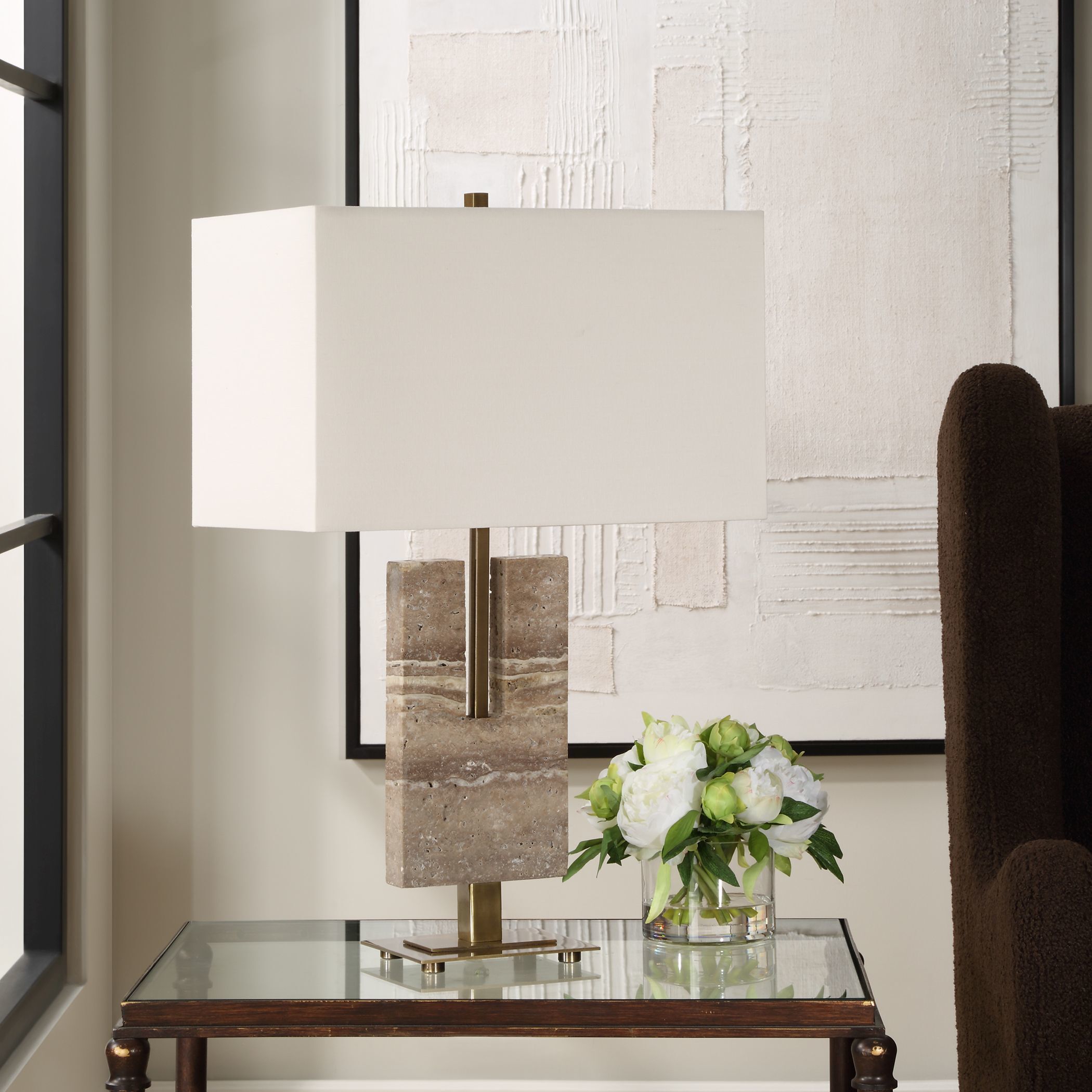Turning Point 26 inch 150.00 watt Travertine and Brushed Antique Brass Table Lamp Portable Light