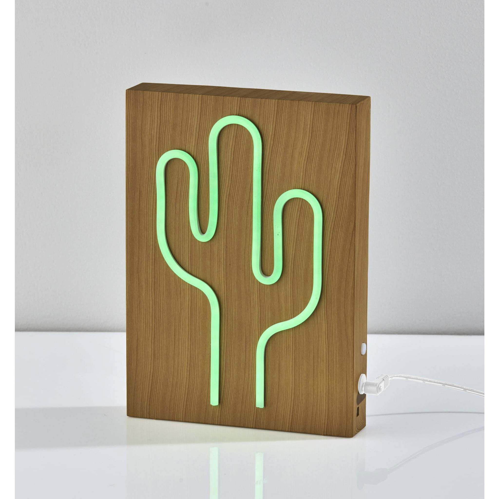 Wood Framed 9 inch 0.5 watt Natural Wood Grain on Plastic - Water Transfer Table/Wall Lamp Portable Light, Neon Cactus, Simplee Adesso