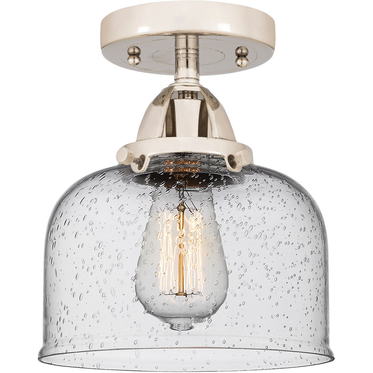 Nouveau 2 Large Bell LED 8 inch Polished Nickel Semi-Flush Mount Ceiling Light in Seedy Glass