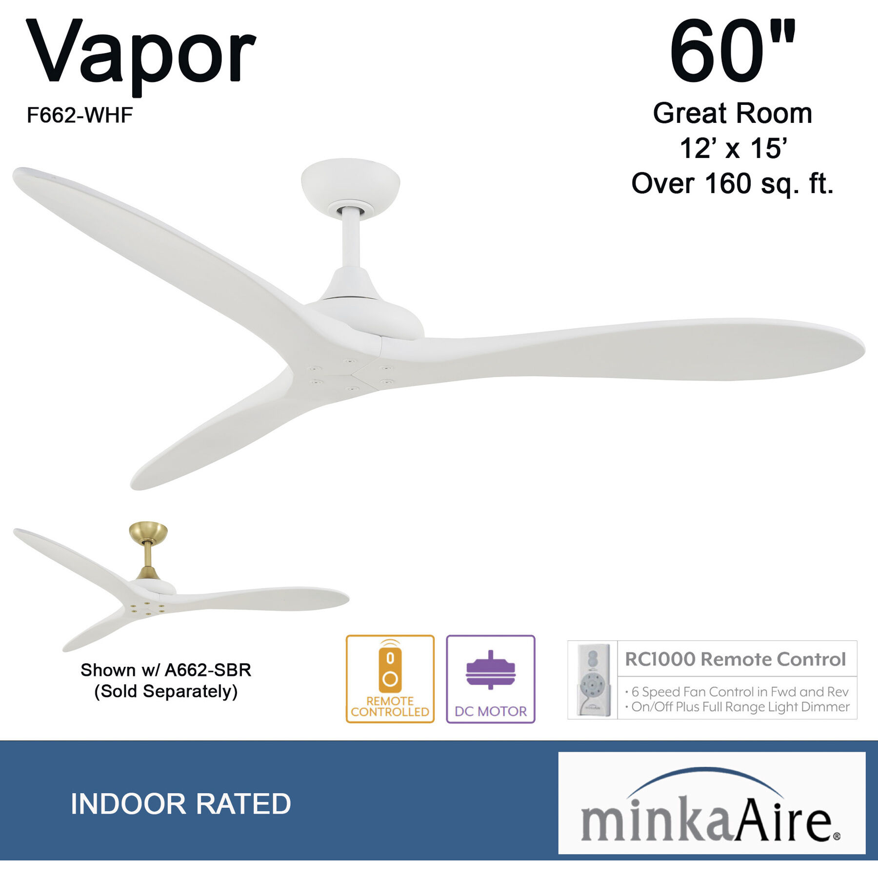 Vapor 60 inch Flat White with White Blades Ceiling Fan