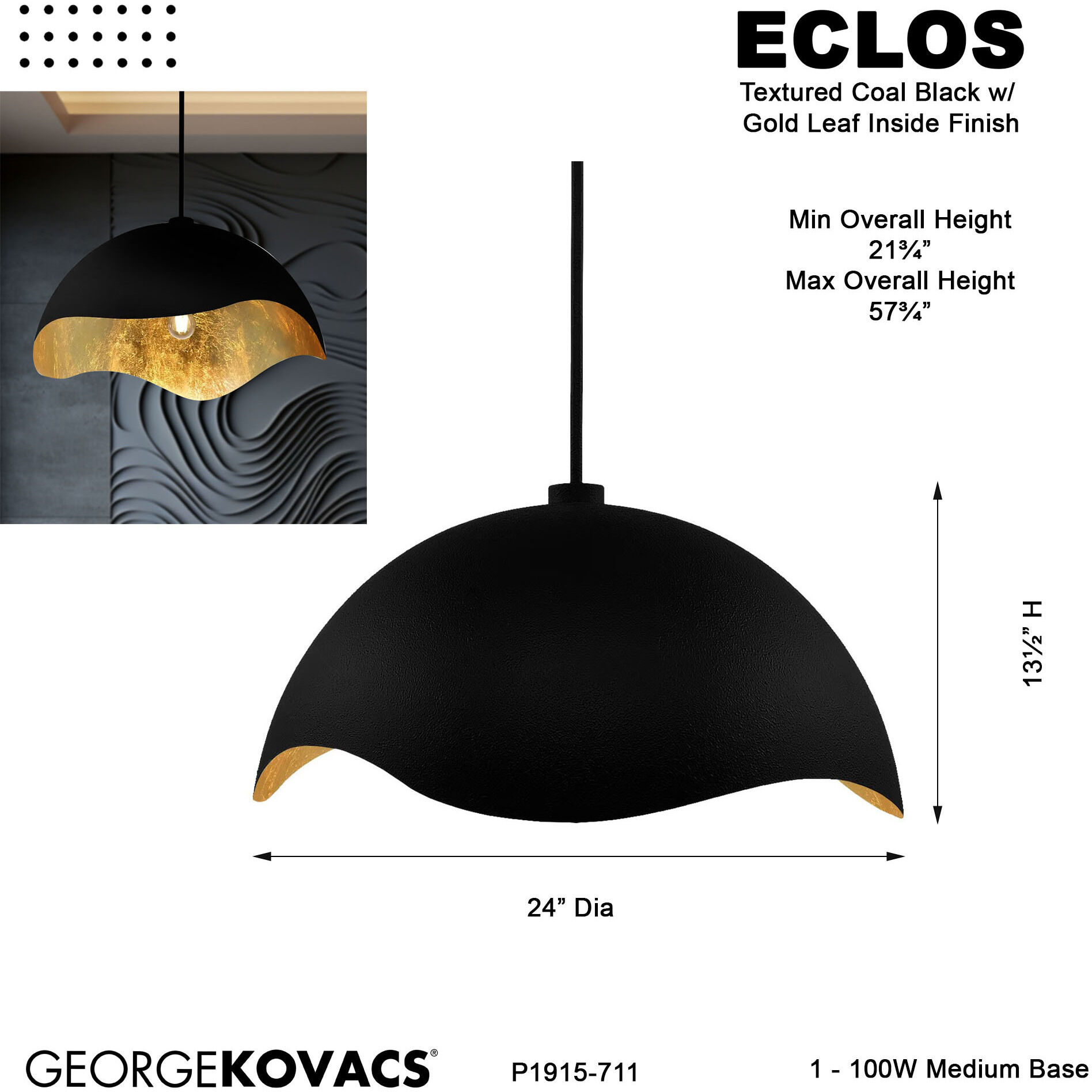 Eclos 1 Light 23.88 inch Sand Coal With Gold Leaf Inside Pendant Ceiling Light