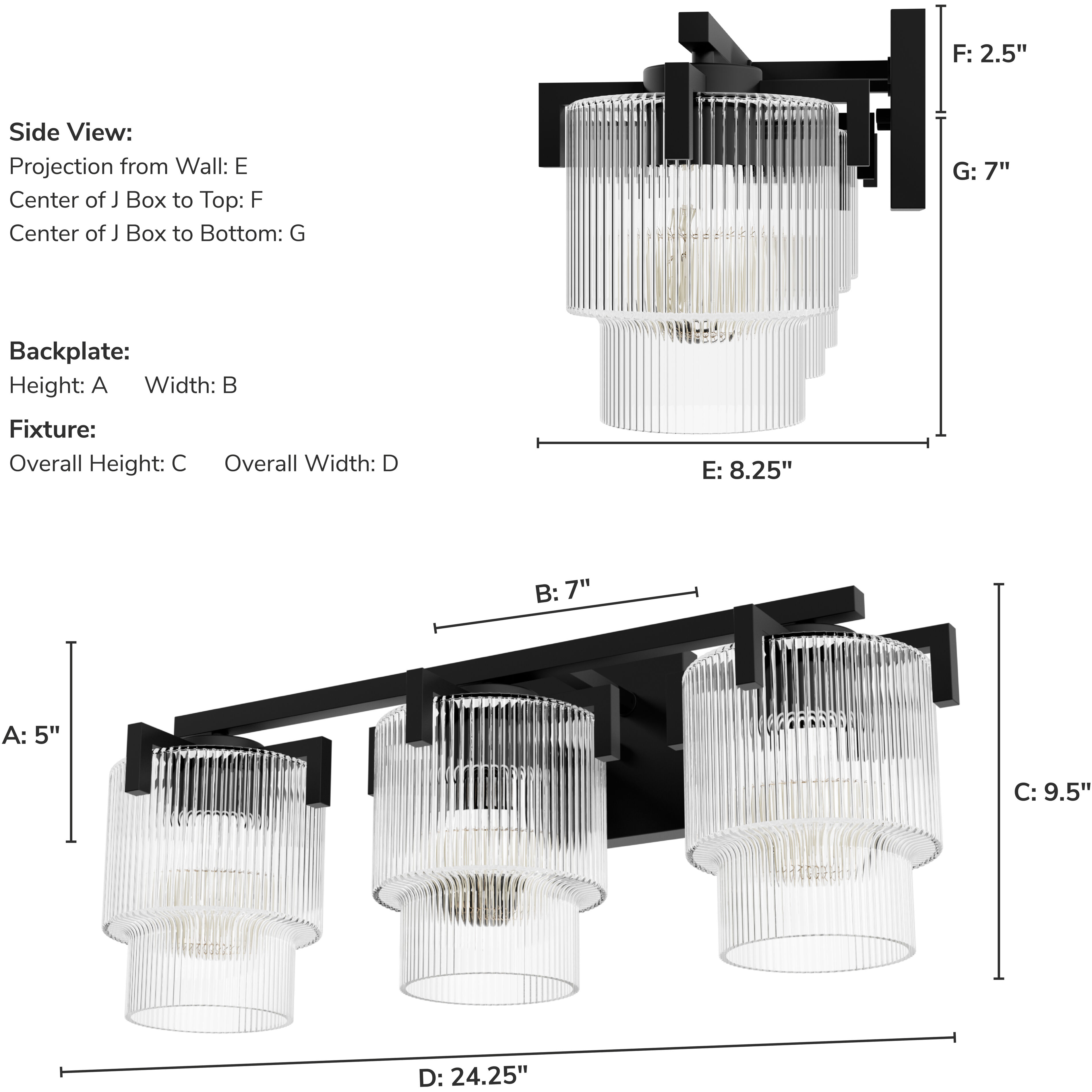 Ontario 3 Light 24.2 inch Matte Black Bathroom Vanity Sconce Wall Light, Medium