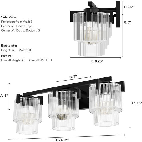 Ontario 3 Light 24.2 inch Matte Black Bathroom Vanity Sconce Wall Light, Medium