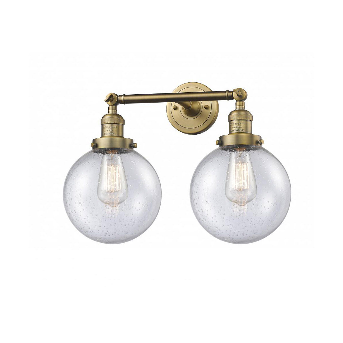 Franklin Restoration Large Beacon 2 Light 19 inch Brushed Brass Bath Vanity Light Wall Light in Seedy Glass, Franklin Restoration