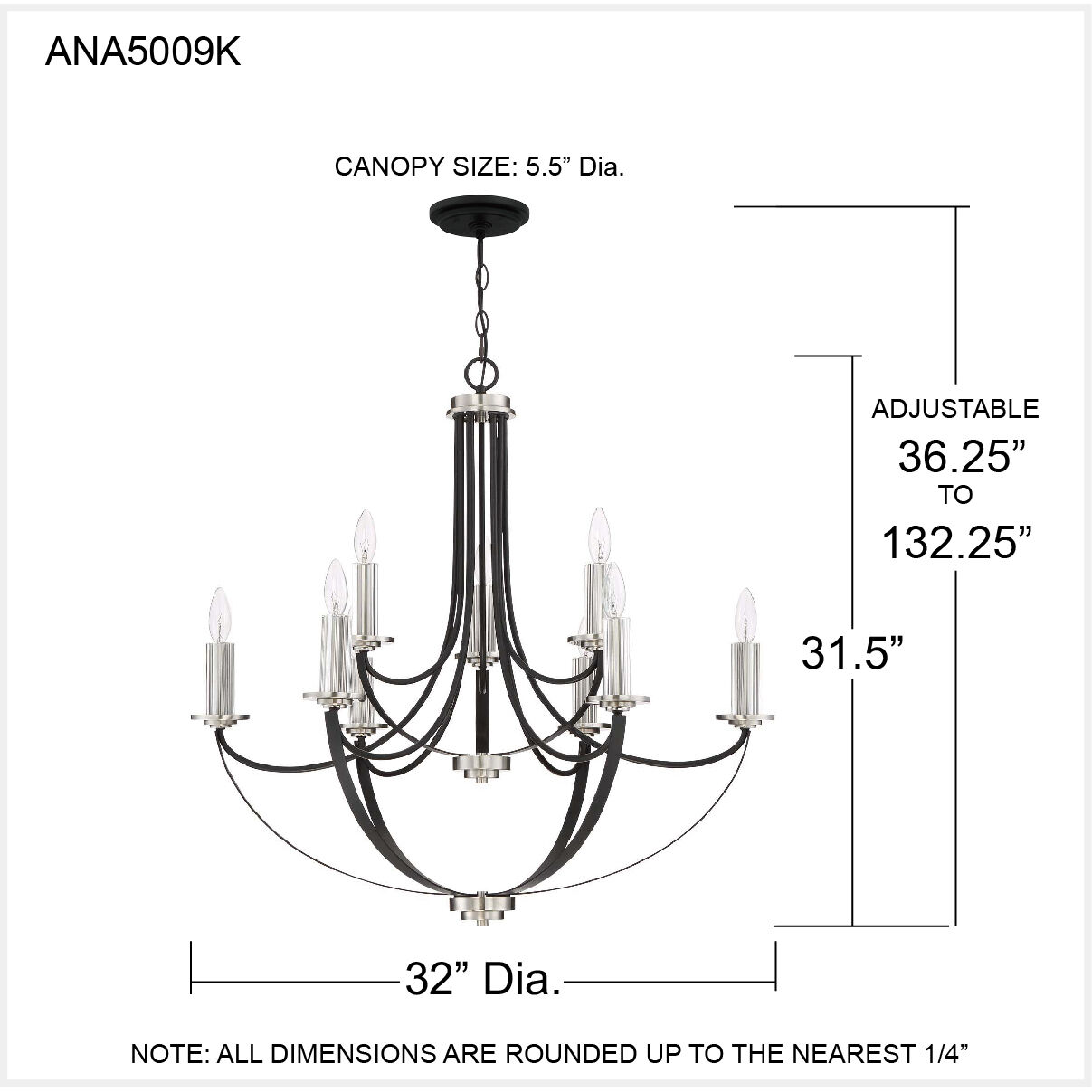 Alana 9 Light 32 inch Mystic Black Chandelier Ceiling Light, Two Tier
