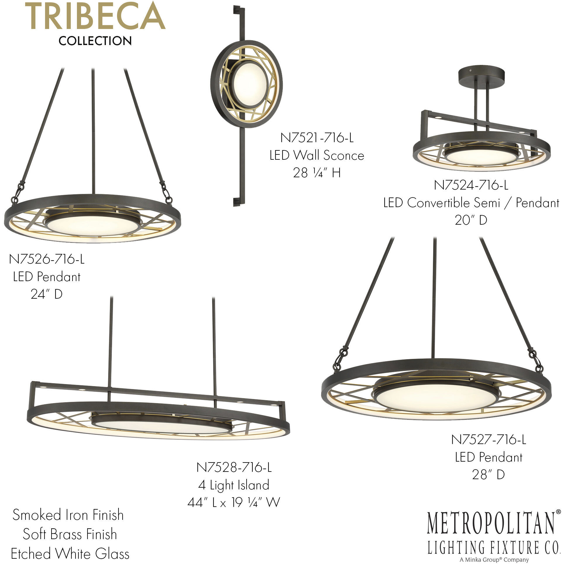 Tribeca LED 28 inch Smoked Iron And Soft Brass Pendant Ceiling Light