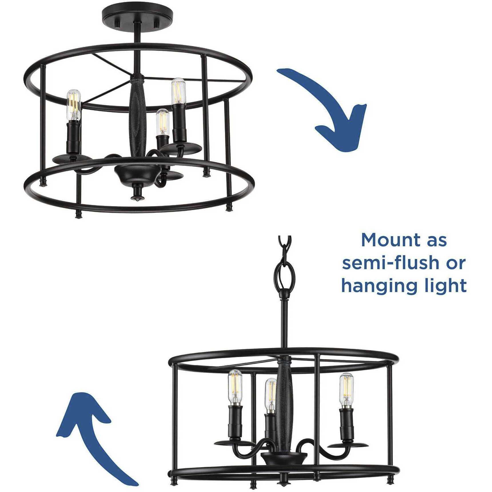 Durrell 3 Light 16 inch Matte Black Semi-Flush Mount Convertible Ceiling Light