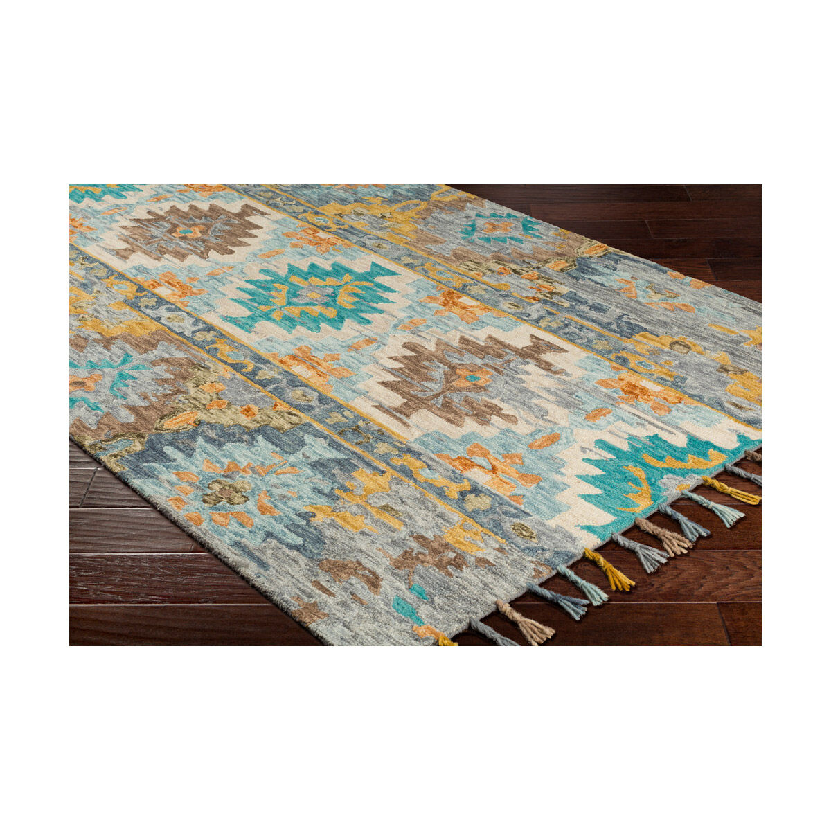 Bonifate 36 X 24 inch Teal/Mustard/Medium Gray/Light Gray/Charcoal/Aqua Rugs, Rectangle