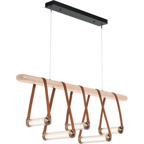 York LED 52 inch Black and Antique Brass Linear Pendant Ceiling Light in Black/Antique Brass, Chestnut Leather with Maple Natural