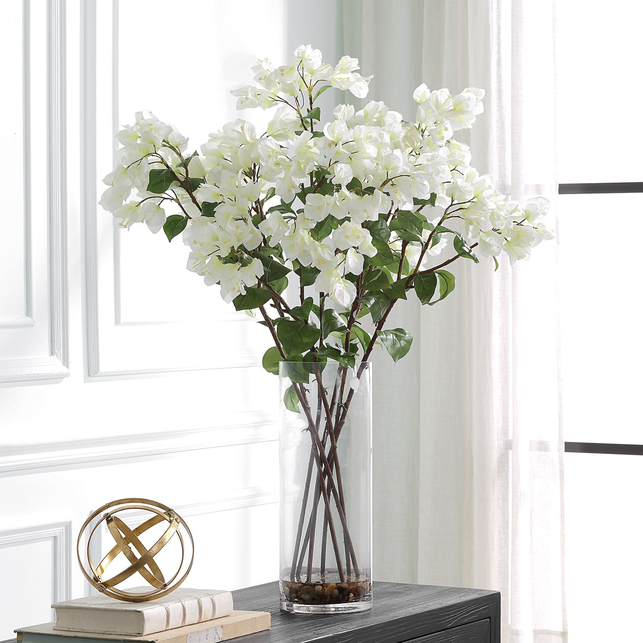 Antiparos Green and Cream with Clear Glass Bougainvillea Centerpiece