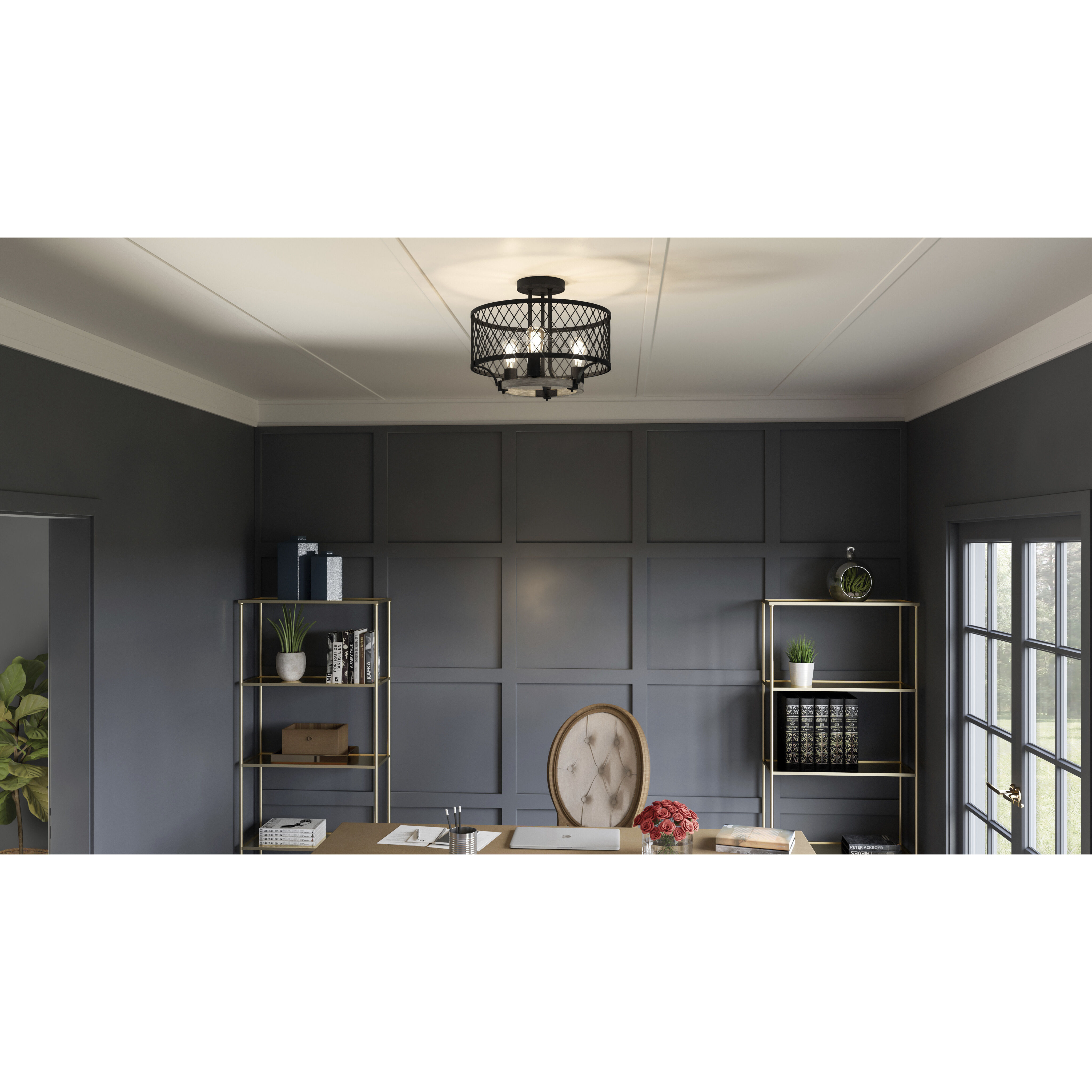 Benton 3 Light 16.75 inch Distressed Iron Semi-Flush Mount Ceiling Light