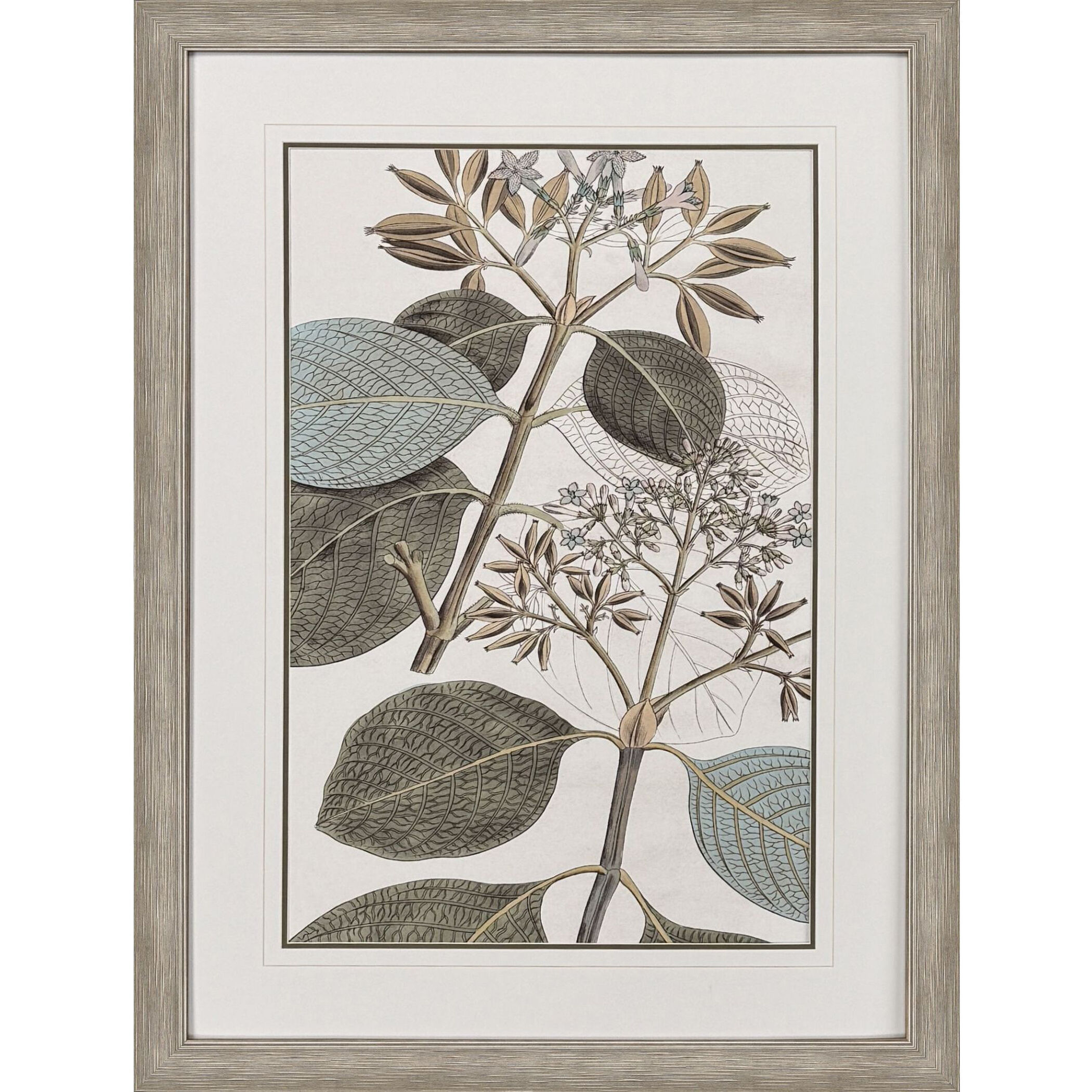 Flowering Botanical Green and Beige and Blue and Brown Framed Art