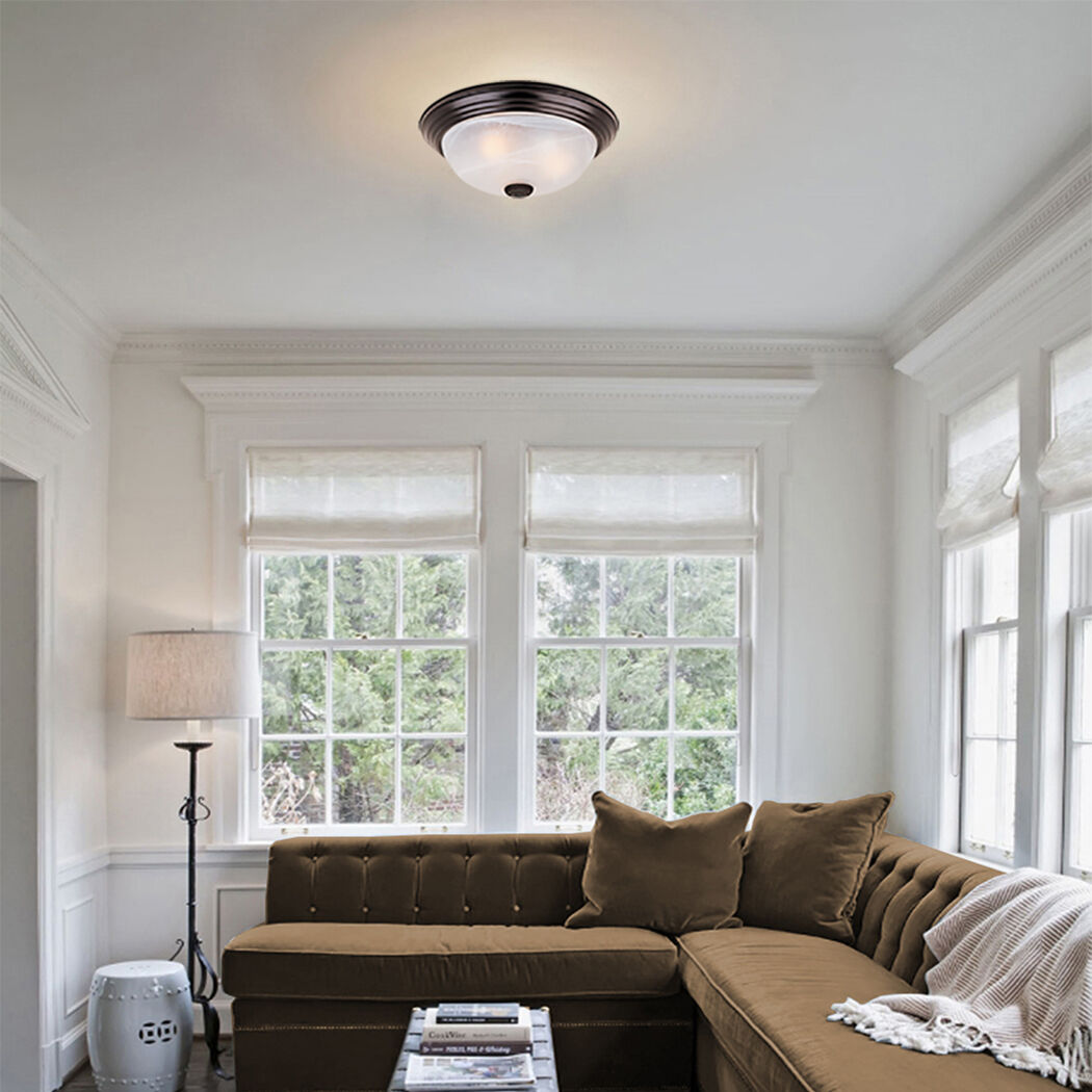 Decorative 3 Light 15 inch Oil Rubbed Bronze Flushmount Ceiling Light in White Alabaster, Large