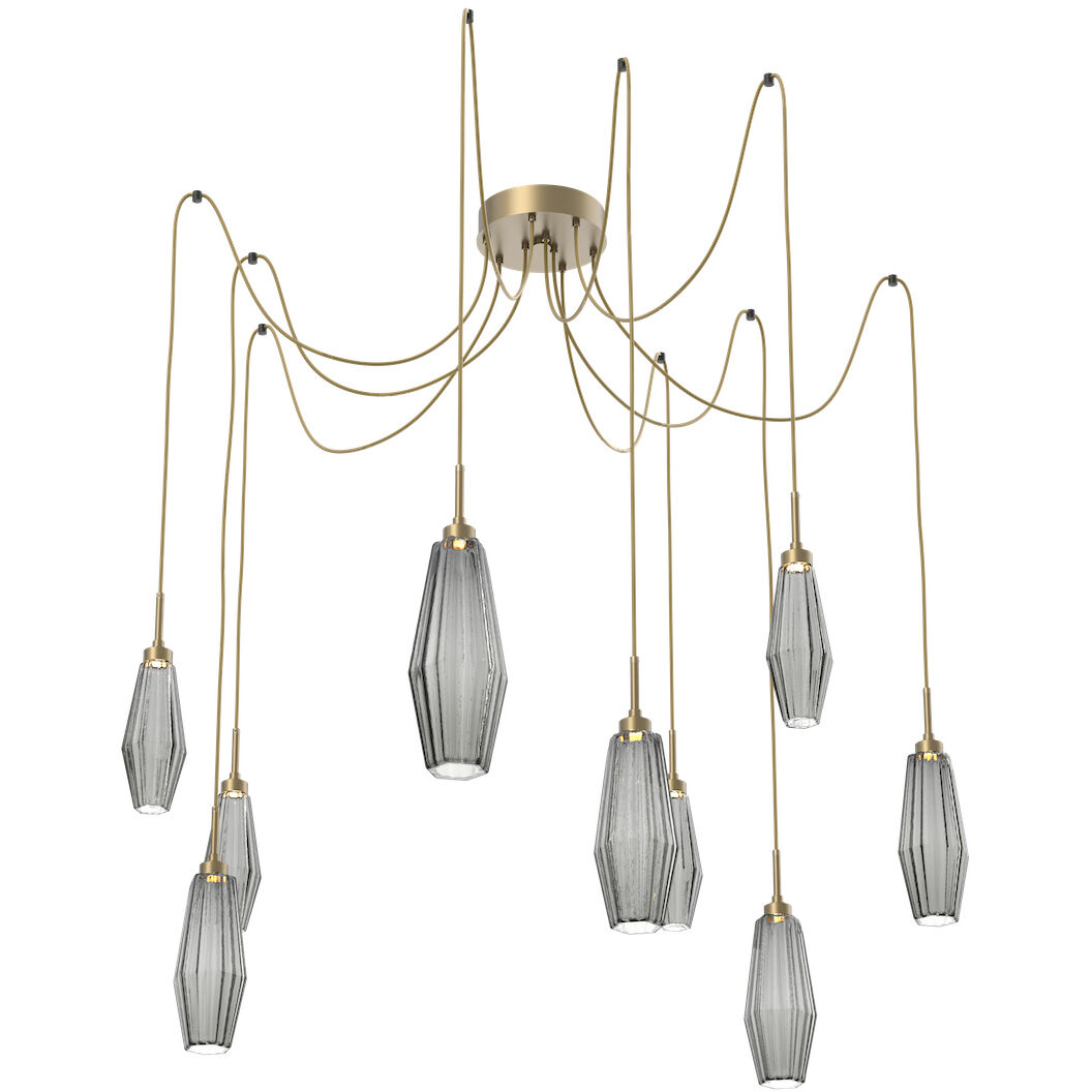 Aalto LED 14.8 inch Gilded Brass Swag Multi-Pendant Ceiling Light in 3000K LED, Optic Rib Smoke