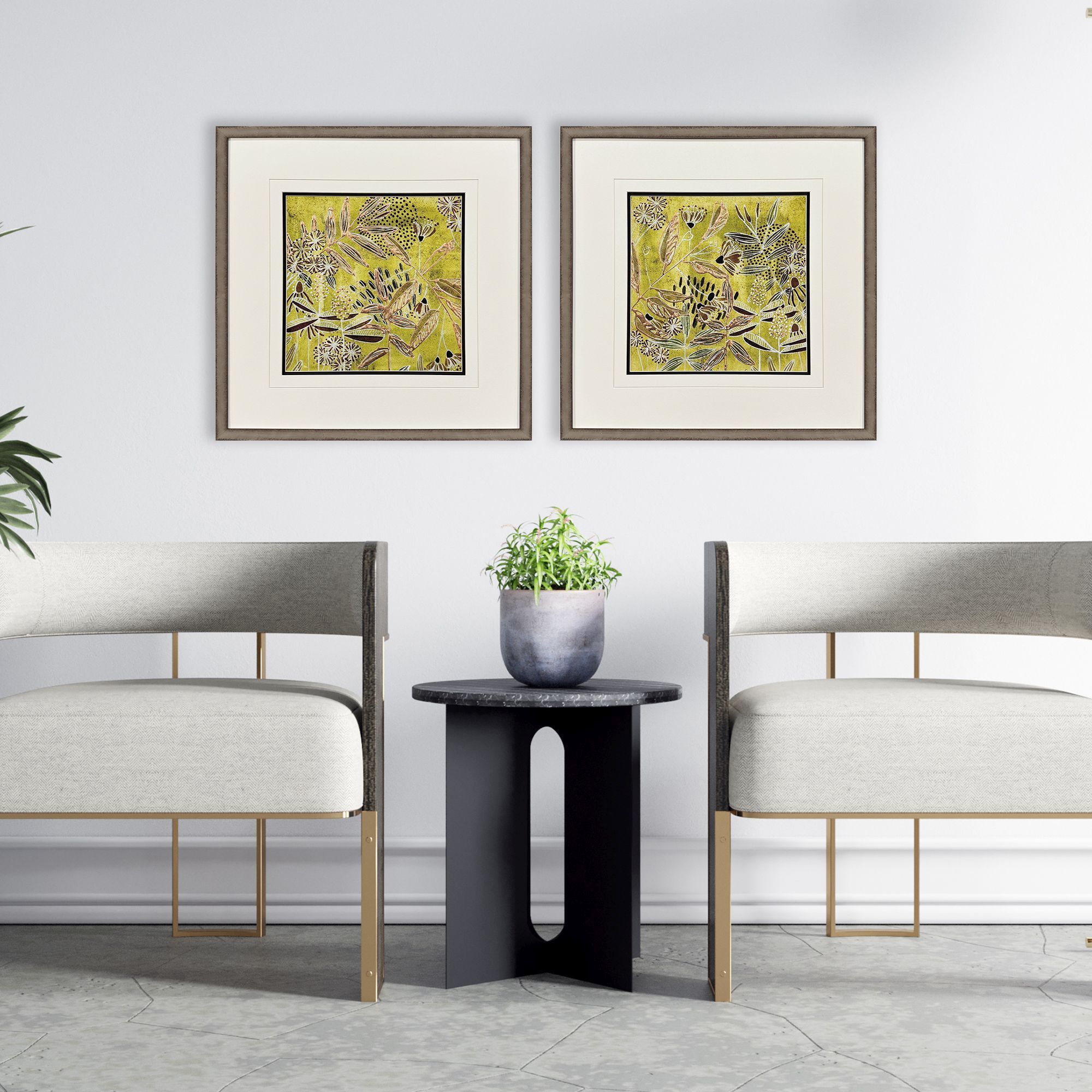 Saffron Wallflowers Green and Brown and Metallic and Yellow Framed Art