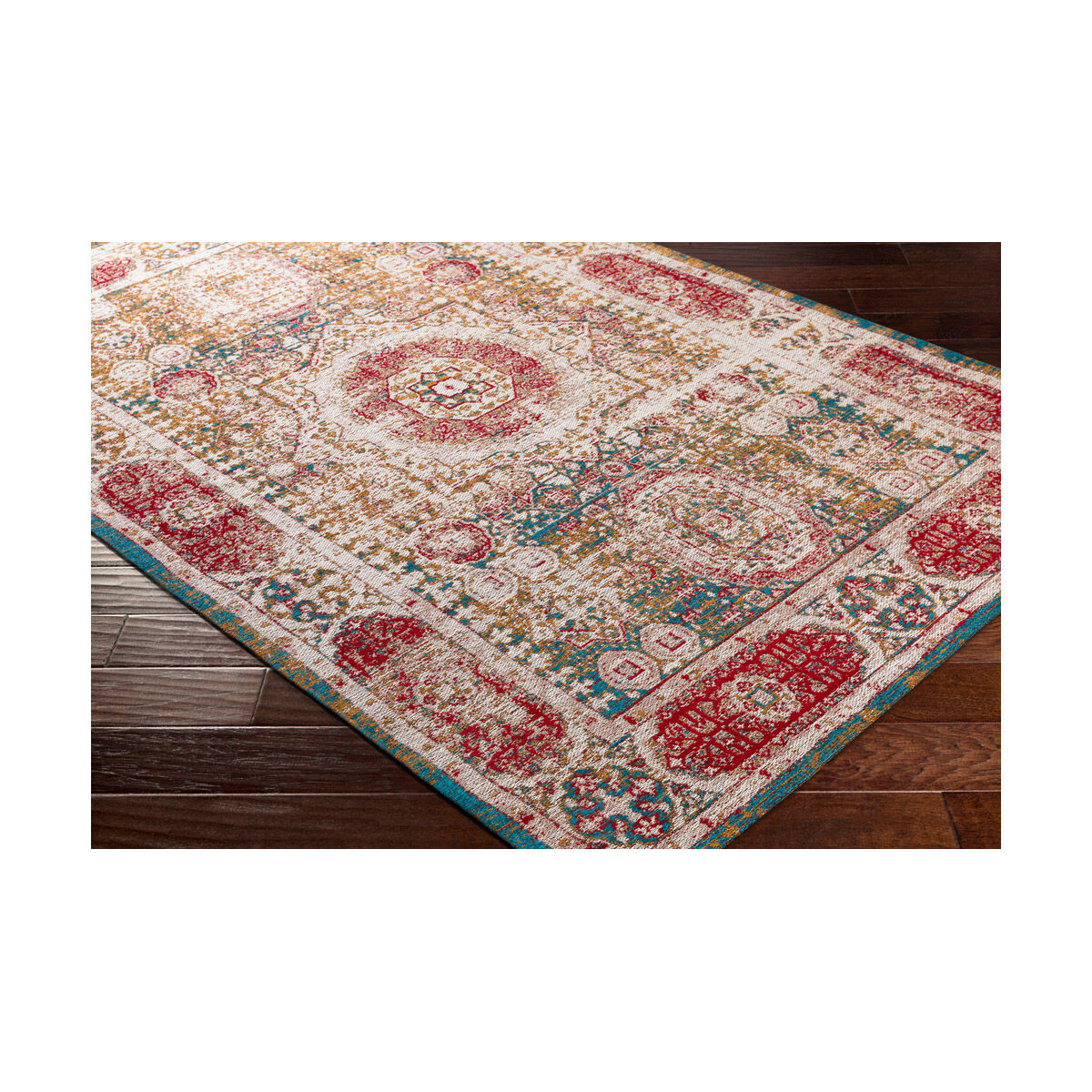 Amsterdam 120 X 96 inch Mustard/Blue/Red/Light Beige Handmade Rug, Polyester and Cotton