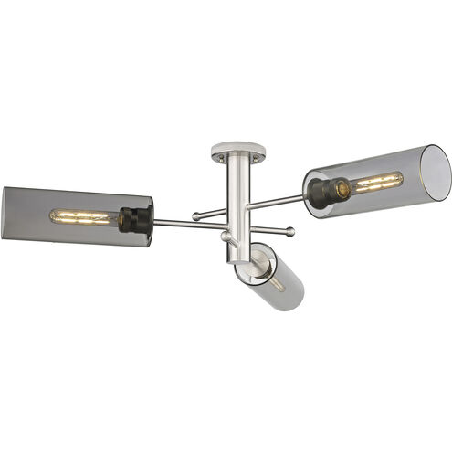 Crown Point 3 Light 39.25 inch Satin Nickel Flush Mount Ceiling Light in Light Smoke Glass