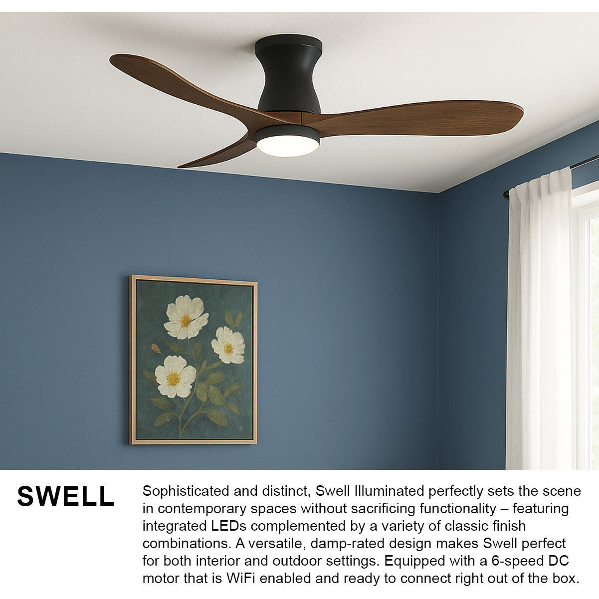 Swell Flush Illuminated 56 inch Matte Black with Walnut Blades Fan