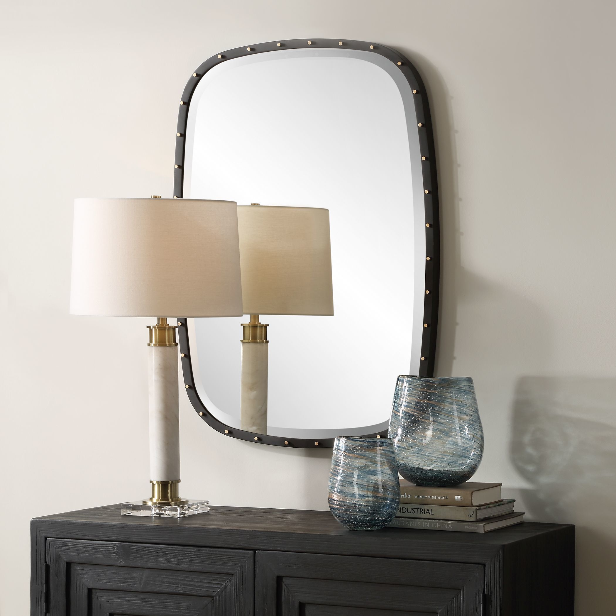 Benedo 36 X 26 inch Matte Black and Plated Brass Mirror