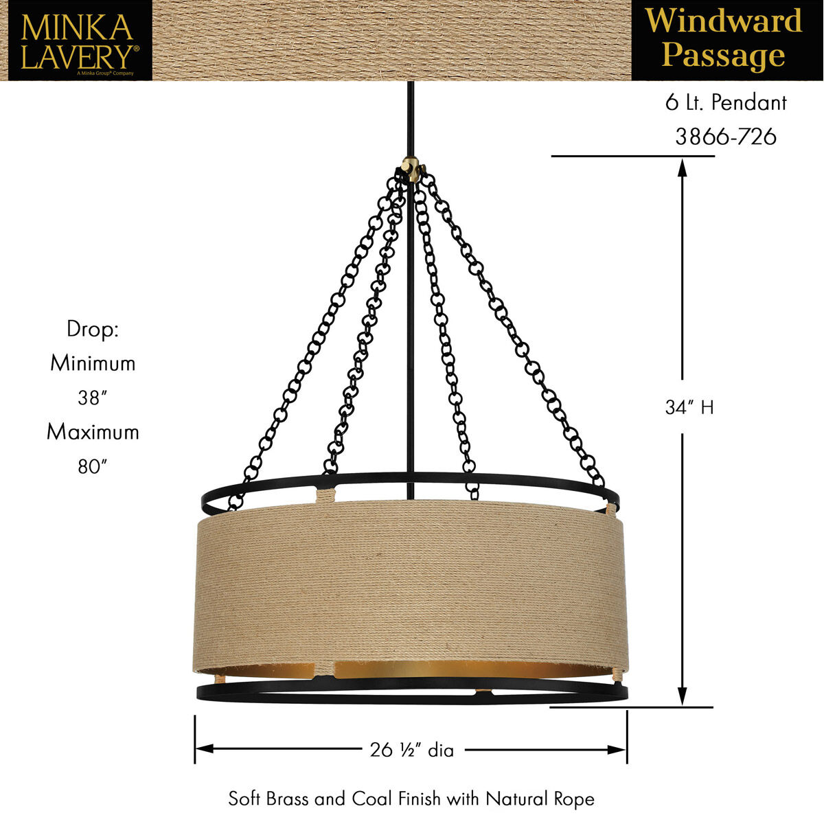 Windward Passage 6 Light 27 inch Coal And Soft Brass Pendant Ceiling Light
